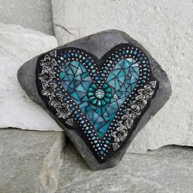 Teal Mosaic Heart Garden Stone