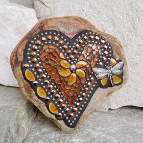 Copper Mosaic Heart Garden Stone with Brown Flowers