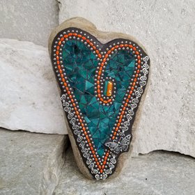 Dark Teal Mosaic Heart Garden Stone with Butterflies  