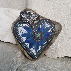 Iridescent White Mosaic Heart Garden Stone with Butterfly