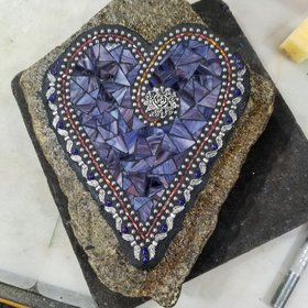 Custom Purple Mosaic Heart Garden Stone with Angel Wings