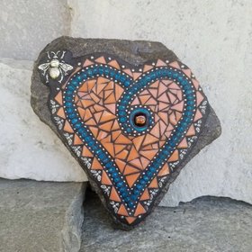 Orange and Teal Mosaic Heart Garden Stone 