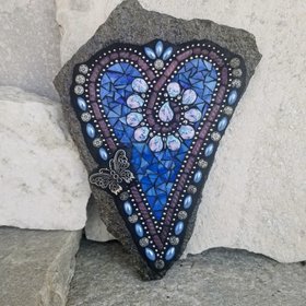 Medium Blue Mosaic Heart Garden Stone w/Flowers and a Butterfly