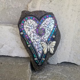 Iridescent White Mosaic Heart Garden Stone w/Large Butterfly 