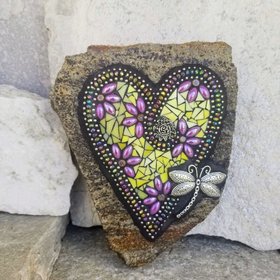 Yellow Mosaic Heart Garden Stone, Mosaic Garden Decor Purple Flowers