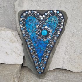 Iridescent Blue Mosaic Heart, Garden Stone, Garden Decor