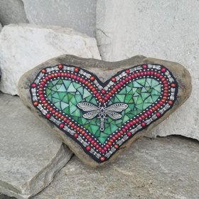 Dragonfly Green Mosaic Heart Garden Stone  