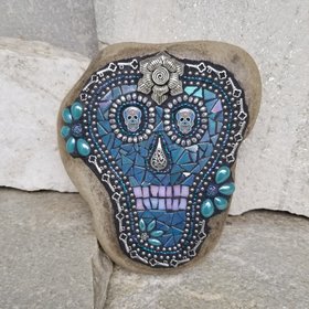 Blue Dia de los Muertos / Day of the Dead Skull Mosaic  Garden Stone  
