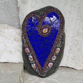  Dark Blue with Red Mosaic Heart Garden Stone  
