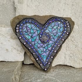 Iridescent Blue Mosaic Heart, Blue Flowers, Garden Stone