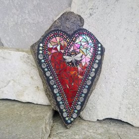 Iridescent Red Heart Mosaic Garden Stone with Dragonfly