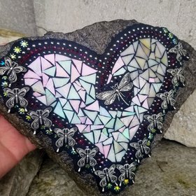 Iridescent Cream Mosaic Heart Garden Stone w/Butterflies 