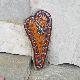 Orange Mosaic Heart Garden Stone w/Skull