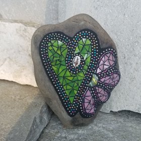  Green Heart w/ Pink Flower Mosaic Garden Stone