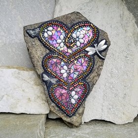 Large Iridescent Pink 3 Heart Mosaic Garden Stone