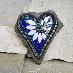 Iridescent  Blue Heart Mosaic Garden Stone