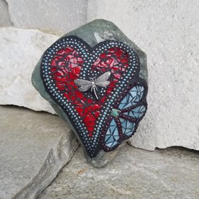 Red Heart w/ Teal Flower Mosaic Garden Stone