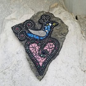 Blue Bird on a Pink Heart, Wall Hanging Mosaic Garden Stone, Porch Decor, Wall Decor