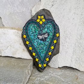 Teal Green Heart Mosaic Garden Stone