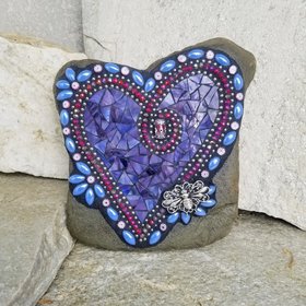 Purple Mosaic Heart with Bee Garden Stone