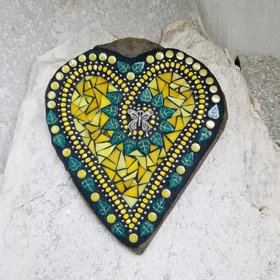 Yellow Mosaic Heart Garden Stone, Mosaic Garden Decor  Wall Hanging