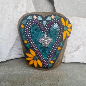 Dark Teal and Orange Heart Mosaic Garden Stone, Fleur-de-lis