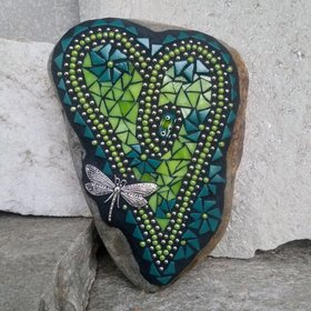 Lime Green and Teal Heart Mosaic Garden Stone