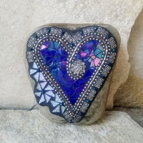 Iridescent Blue Mosaic Heart Garden Stone 