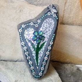Iridescent White Mosaic Heart Garden Stone w/Large Flower and Dragonfly