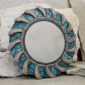 Teal Blue Feather Round Mosaic Mirror, Home Decor