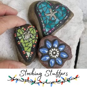 Mosaic Garden Stone Paperweights, Secret Santa Stocking Stuffer, #4 Group Mosaic Heart and Rocks,   