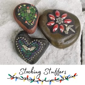 Mosaic Garden Stone Paperweights, Secret Santa Stocking Stuffer, #5 Group Mosaic Heart and Rocks,   