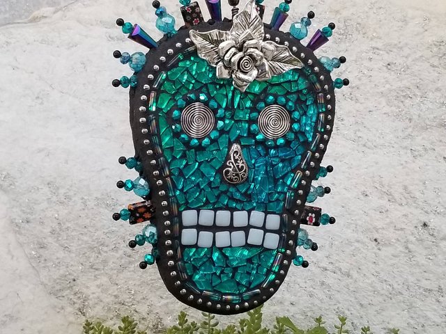 Skull in Blue Mosaic Garden Wind Spinner, Home and Garden Decor, Gardening Gift,