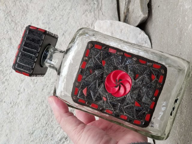 Mosaic Liquor Bottle “Red Button” Up-cycled Decanter