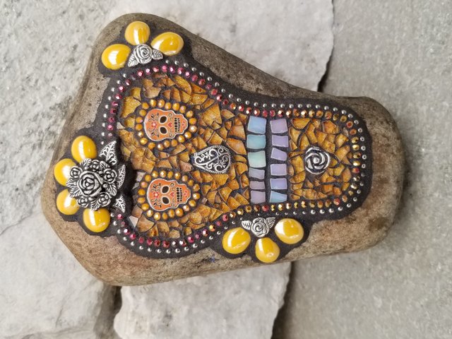 Orange Day of the Dead, Skull Mosaic,  Garden Stone