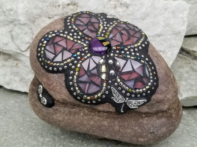 Purple Pink Mosaic Flower, Garden Stone, Garden Decor, Home Decor, Gardener Gift