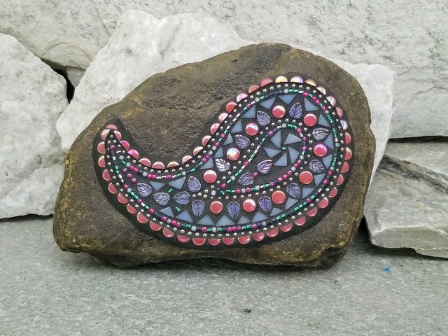 Paisley Iridescent Pink Mosaic, Mosaic Rock, Mosaic Garden Stone,
