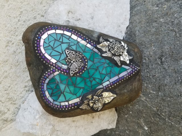 Teal Mosaic Heart Garden Stone, Mosaic Garden Decor
