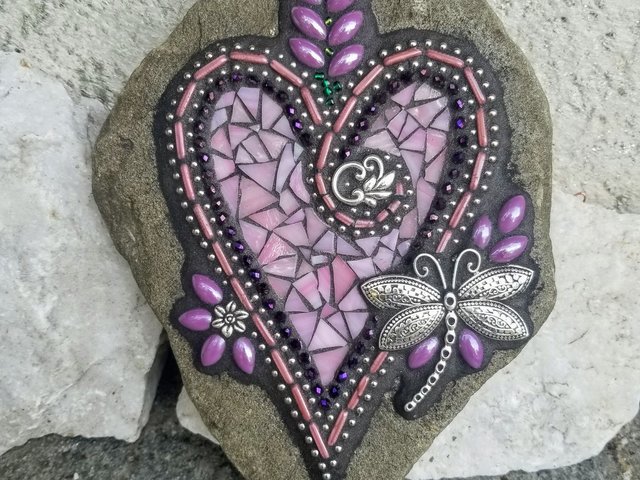 Pink and Purple Flower Mosaic Heart, Garden Stone, Garden Decor