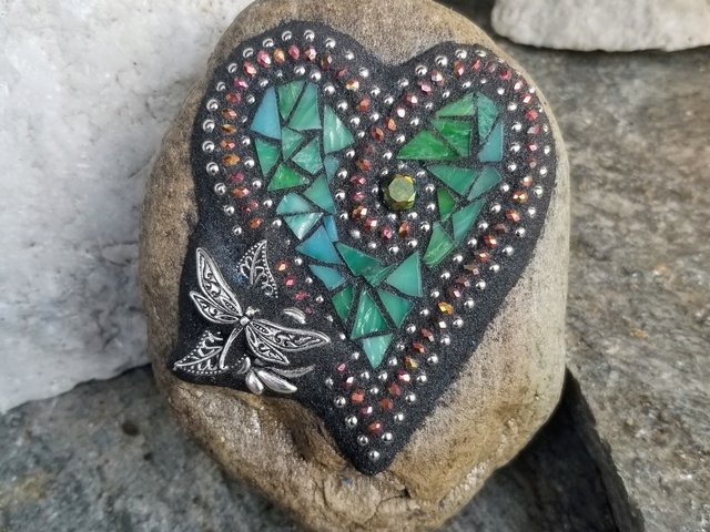 Teal Green Heart Garden Stone, Mosaic, Garden Decor Paperweight