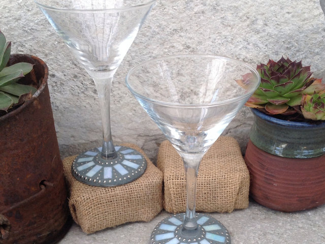 Iridescent Pale Blue and Silver Mosaic Martini Glass Pair