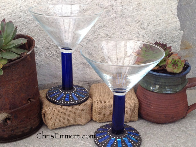 Cobalt Blue and Gold Mosaic Martini Glass Pair