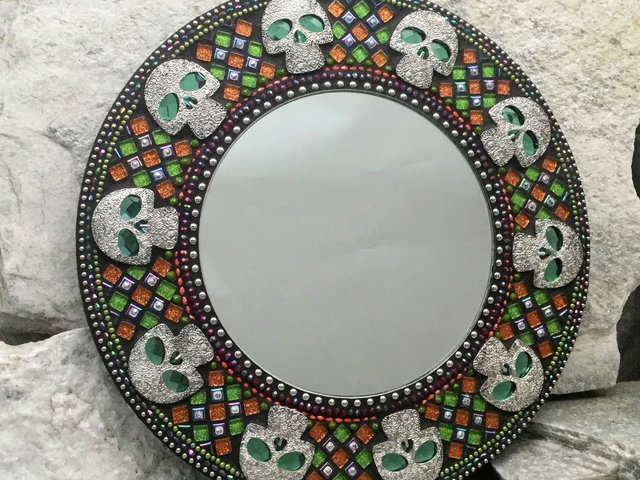 Skulls Mosaic Mirror, Round Mosaic Mirror, Home Decor