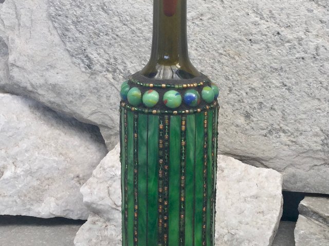 Mosaic Bottle. (3) Up-cycled Decanter, for Cooking Sherry, Olive Oil, Vinegar, Housewarming Gift,
