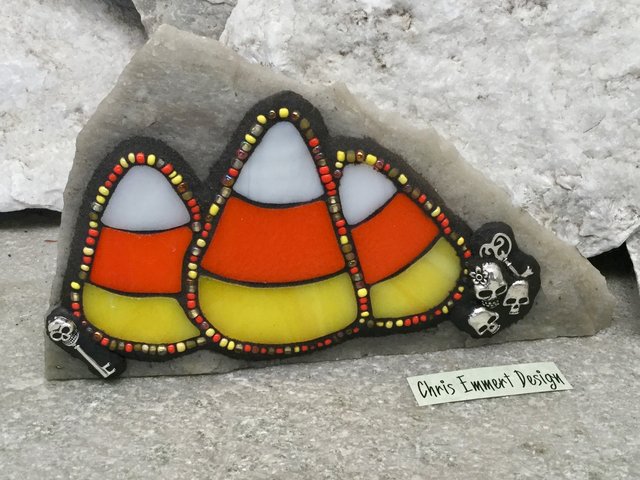 3 Candy Corn Mosaic on White Stone / Garden Stone