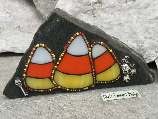 3 Candy Corn Mosaic on Gray Stone / Garden Stone