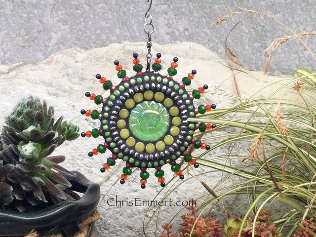 Sun Face Garden Spinner, Green/Orange Rays, Home Decor, Garden Decor, Gardening Gift,