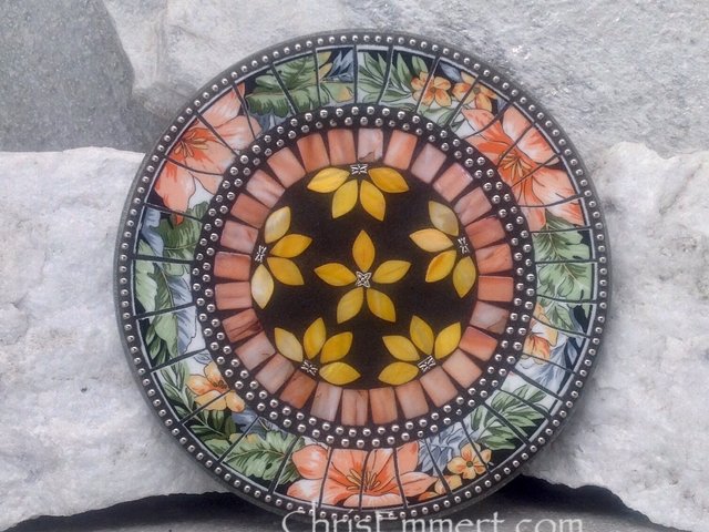 Mosaic Trivet, Candle Plate, Home Decor,  Mixed Media Art, Yellow Orange, Green, Peach and Black