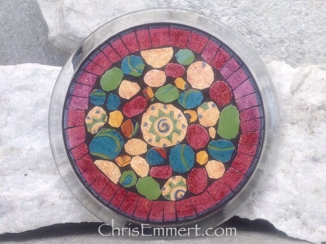 Mosaic Trivet, Candle Plate, Home Decor,  Mixed Media Art, Red, Green, Blue