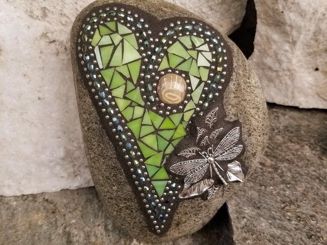 Lime Green Heart, Mosaic Paperweight, Dragonfly Garden Stone